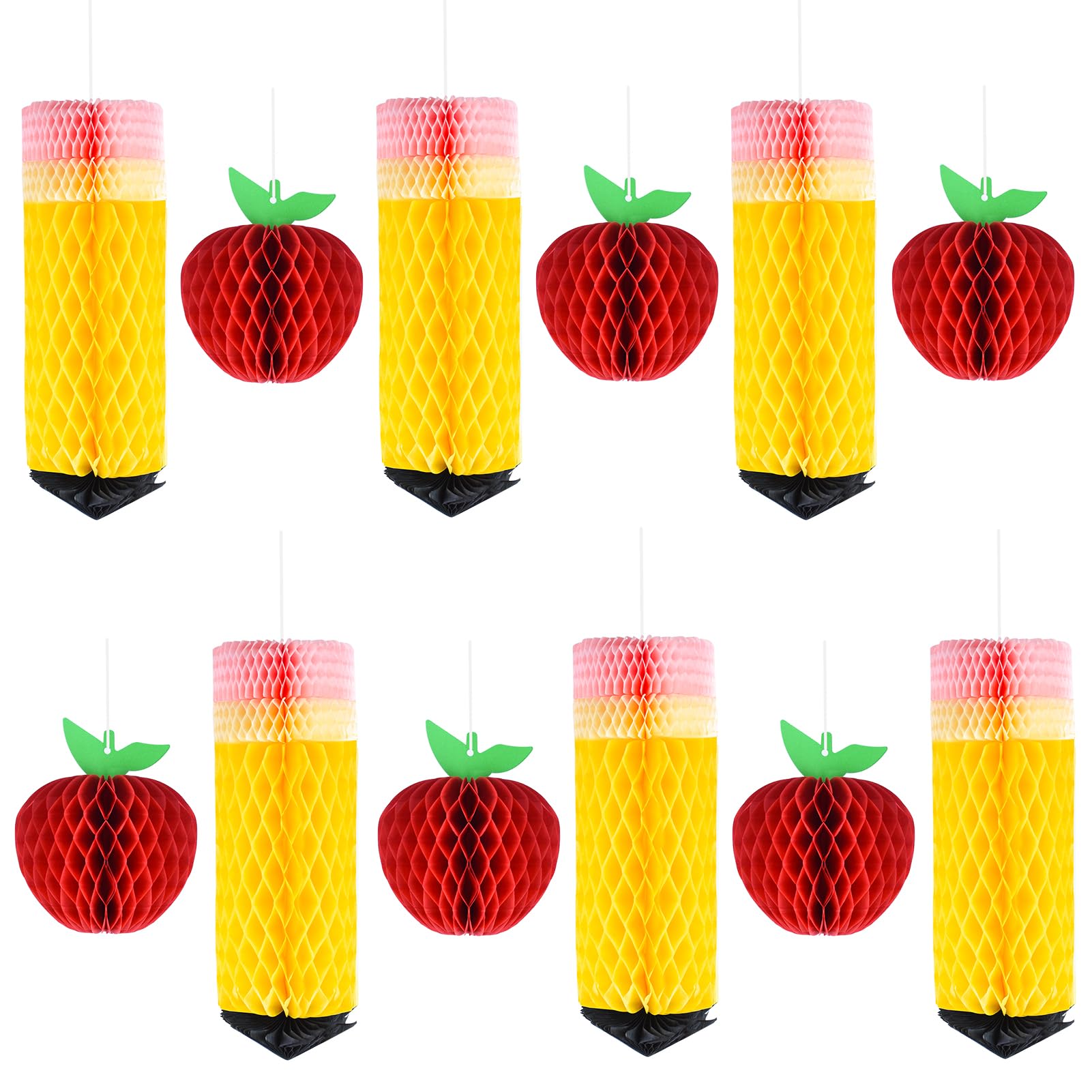 Photo 1 of 12 Pcs Welcome Back to School Hanging Decorations Pencil Hanging Honeycomb Back to School Classroom Decorations Tissue Paper Apple Honeycomb Centerpieces Ceiling Decor for First Day of School Party