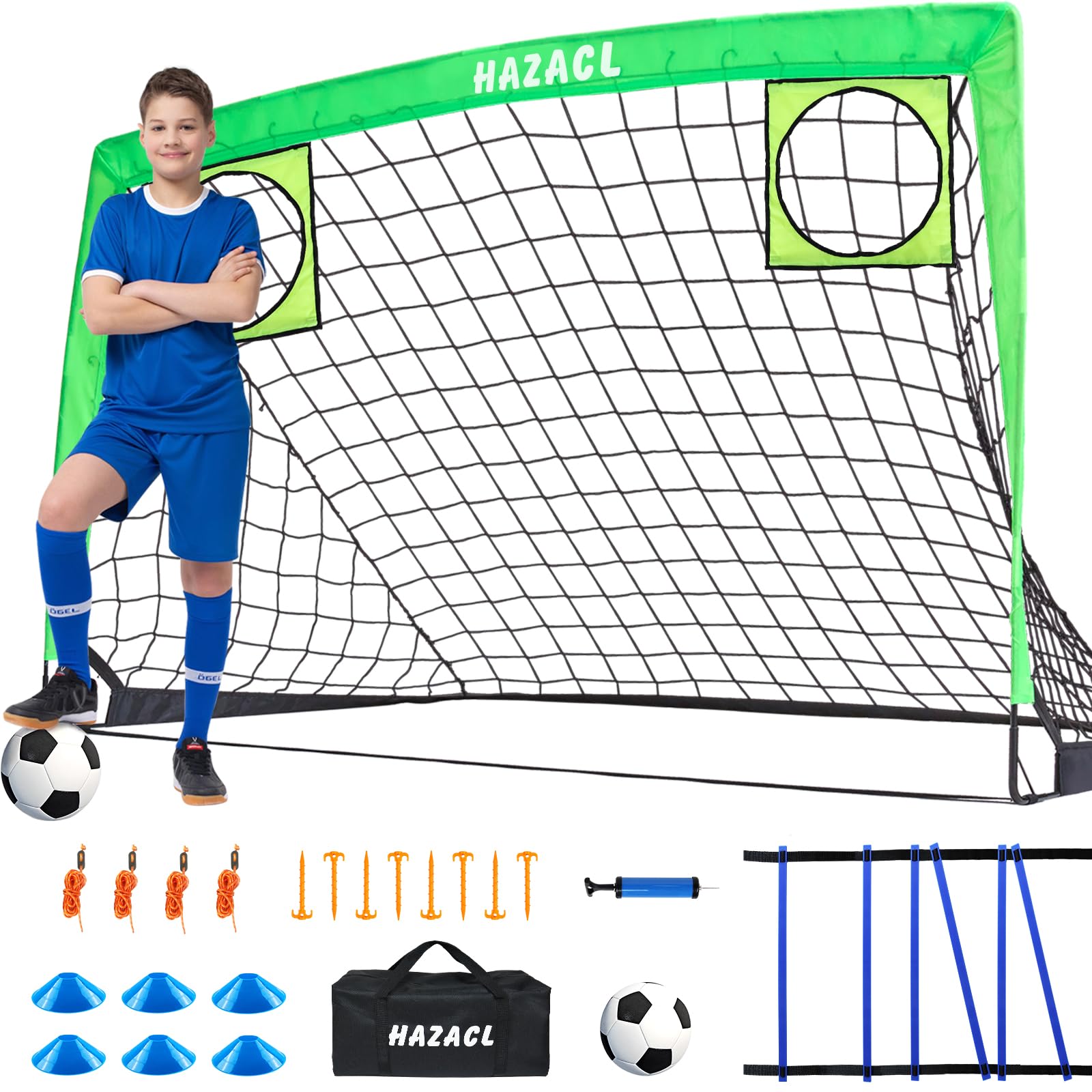 View 1 of **Unknown if missing any parts**
Hazacl Kids Soccer Goal for Backyard, 6x4 9x5 FT Portable Soccer Nets Pop Up with Ball, Agility Ladder, Cones, Target & Carry Bag for Toddler Youth Outdoor Indoor Training Practice Sports Games Play