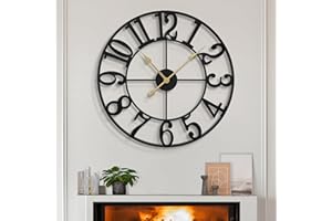 LEIKE Large Wall Clocks,Silent,Non Ticking,Battery Operated Rustic Round Modern Big Metal Wall Clock for Living Room, Bedroom,Kitchen,Farmhouse,Office,Home Decor-16 Inch(Black-Arabic Number)