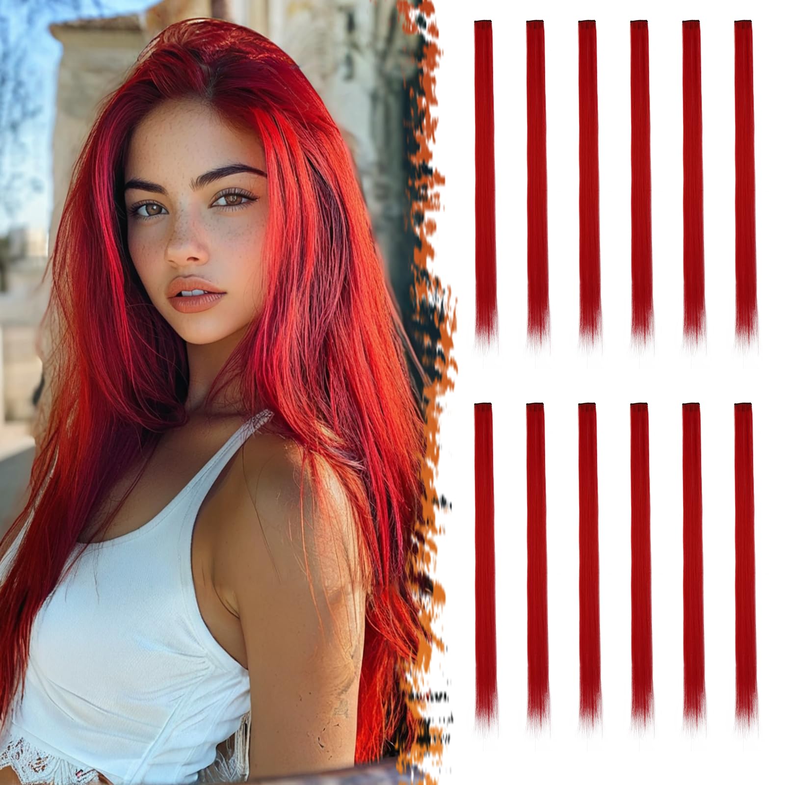 BARSDAR Coloured Hair Extensions for Women, 12 PCS Colored Clip in Hair Extensions Rainbow Party Highlights Synthetic Hairpieces 21 inch Red Extensions with Rubber Bands