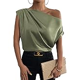 WDIRARA Women's One Shoulder Ruched Short Sleeve Satin Blouse Elegant Asymmetrical Neck Top