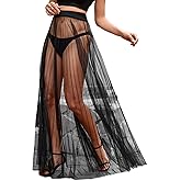 OYOANGLE Women's Sheer Mesh Maxi Flowy Skirt High Waist Vacation Concert Bridal A Line Long Skirts