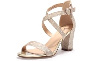 IDIFU Women's IN3 Grace Strappy Block Heels Sandals Comfy Open Toe Chunky Dress Wedding Shoes with Adjustable Cross Strap