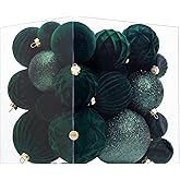 Velvet Christmas Ball Ornaments Dark Green Xmas Tree Decorations 36pcs Shatterproof Christmas Ornaments Set with 5 Styles in 3 Sizes(Small Medium Large)