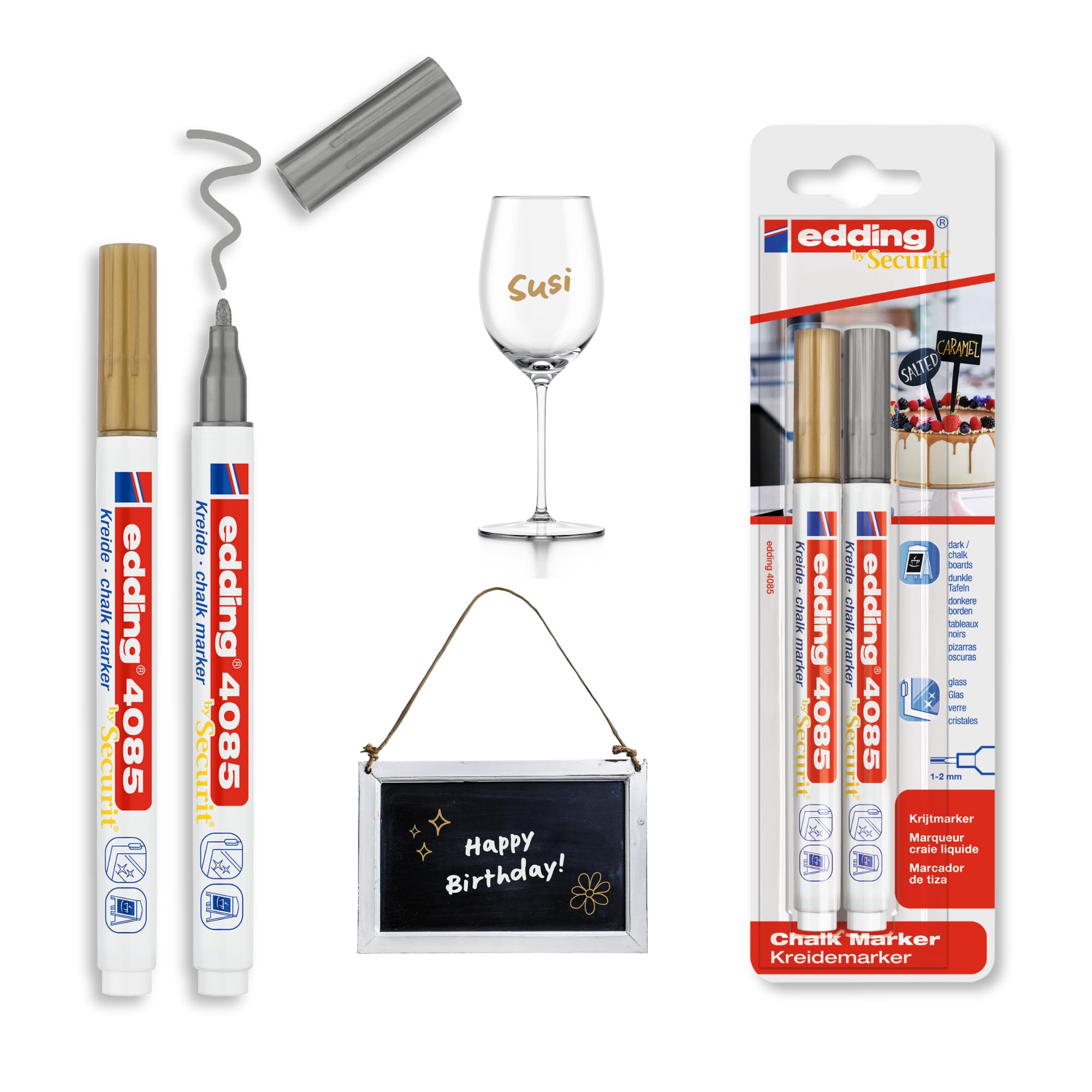 edding 4085 chalk marker - gold, silver - 2 chalk pens - round nib 1-2 mm - fine-nib wet wipe pen for chalkboards, windows, glass, mirrors - liquid chalk marker pens for opaque coverage