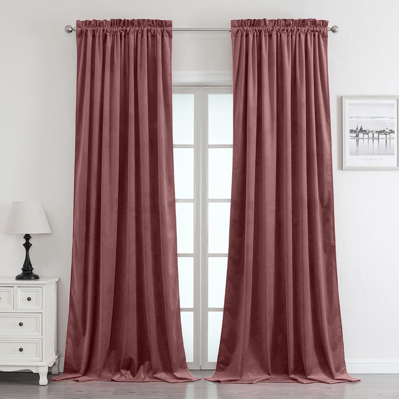 Benedeco Blackout Dusty Rose Velvet Curtains for Bedroom Window, Light Filtering Drapes for Living Room Darkening Soundproof Thermal Curtain Rod Pocket 52 x 84 inches Long Length Set of 2 Panels Image