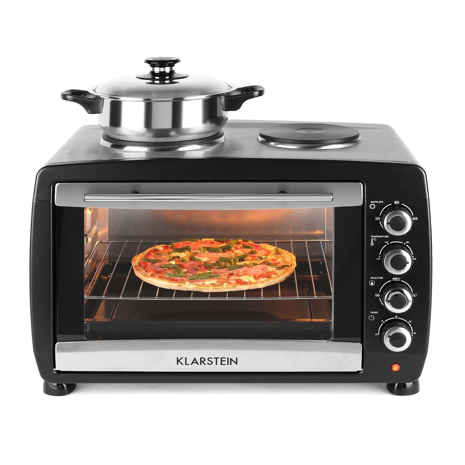 Klarstein Omnichef 45HB miniforno elettrico con 2 piani cottura esterni  2000W, 45 litri, funzione girarrosto, cottura a convenzione, acciaio inox,  timer nero Fornetti tostapane urban-earth.co.uk