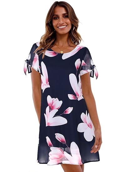 Bmjl Femme Robe Court Noir Floral Fluide Col Rond Robe De Plage été Manches Courte Pas Cher