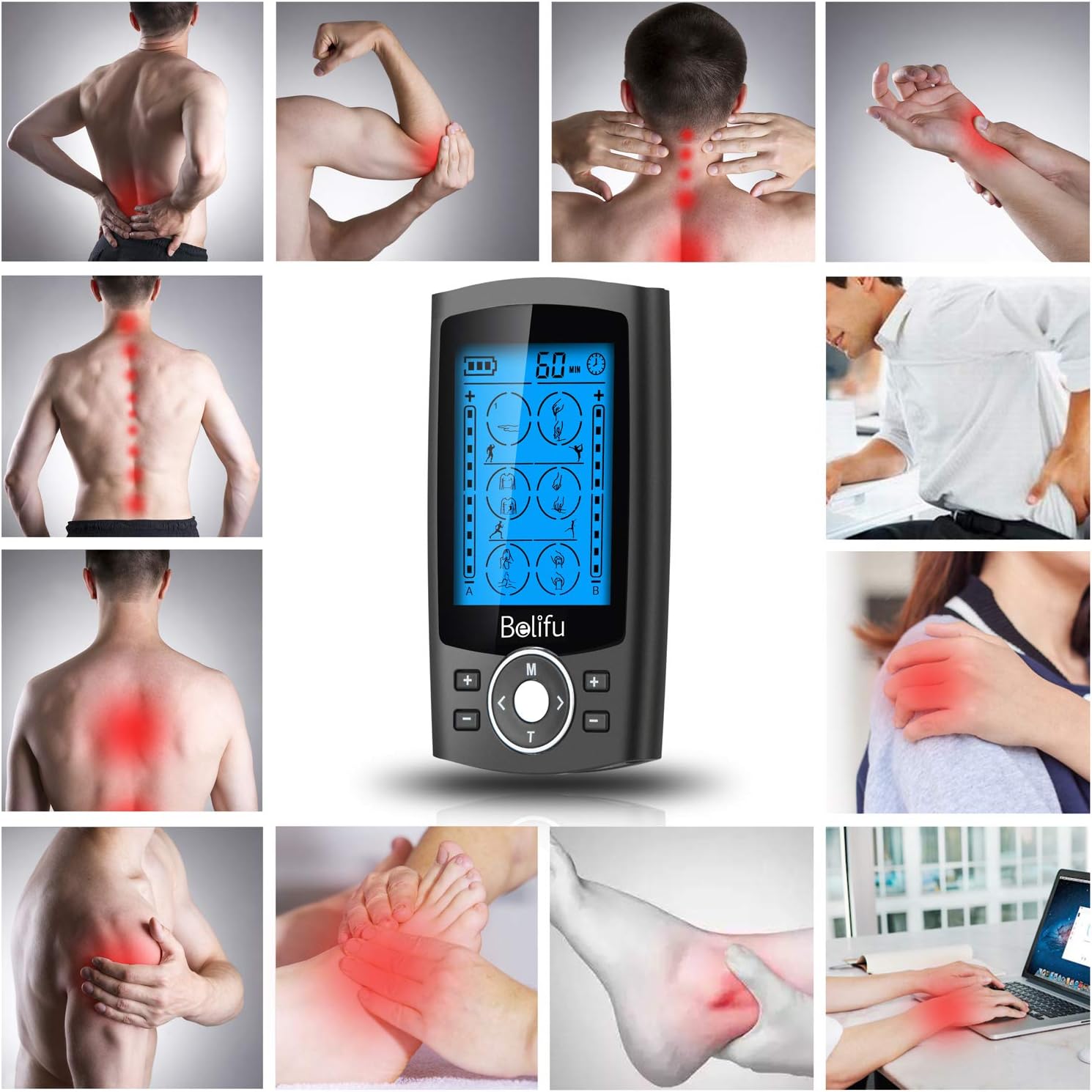 Belifu Dual Channel TENS EMS Unit 24 Modes Muscle Stimulator for Pain Relief Therapy, Electronic Pulse Massager Muscle Massager with 10 Pads, Dust-Proof Drawstring Storage Bag，Fastening Cable Ties…: Health & Personal Care