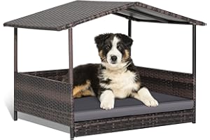 Giantex Wicker Dog House, Raised Rattan Dog Bed with Waterproof Roof, Washable Cushion Cover, Steel Frame, Indoor Outdoor Ele