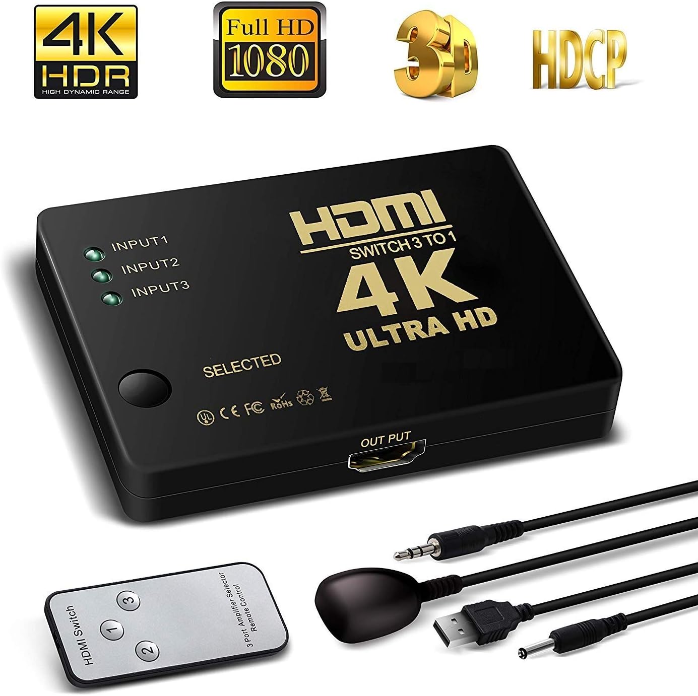 Farraige® HDMI Switch 4K, Intelligent 3-Port HDMI Switcher, Splitter, Supports 4K, Full HD1080p, 3D with IR Remote and Power Cable - 1 Year Warranty