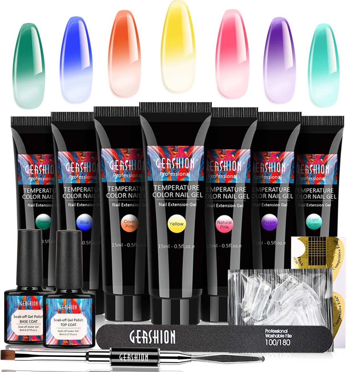 Gershion Poly Nail Extension Gel Kit,Rainbow Temperature Color Changing Nail Gel Nail Extension Gel Color Change Nail Builder Gel Professional Nail Technician Beginner Friendly