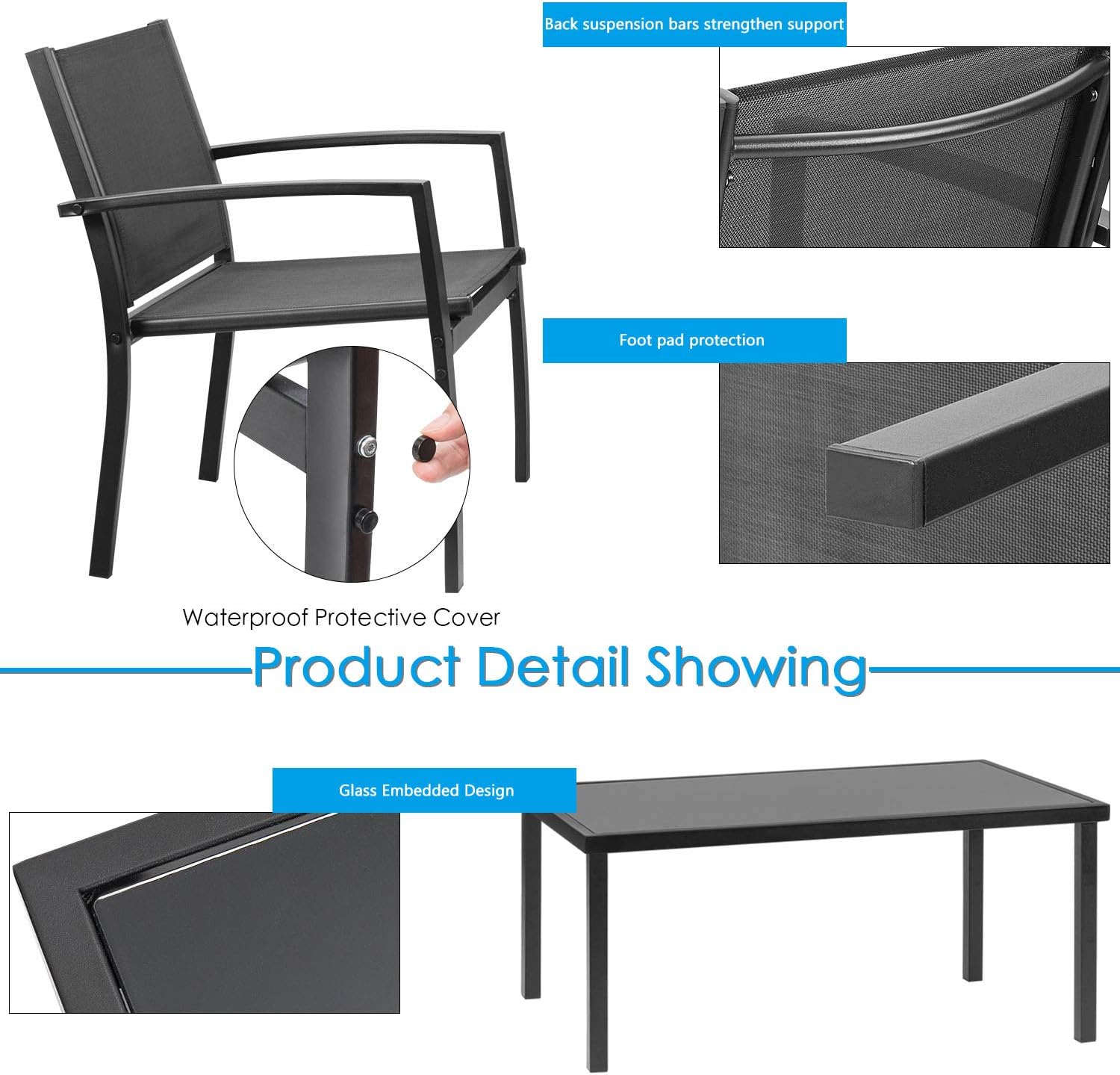 Devoko 4 Pieces Patio Furniture Set Outdoor Garden Patio Conversation Sets Poolside Lawn Chairs with Glass Coffee Table Porch Furniture (Black): Garden & Outdoor