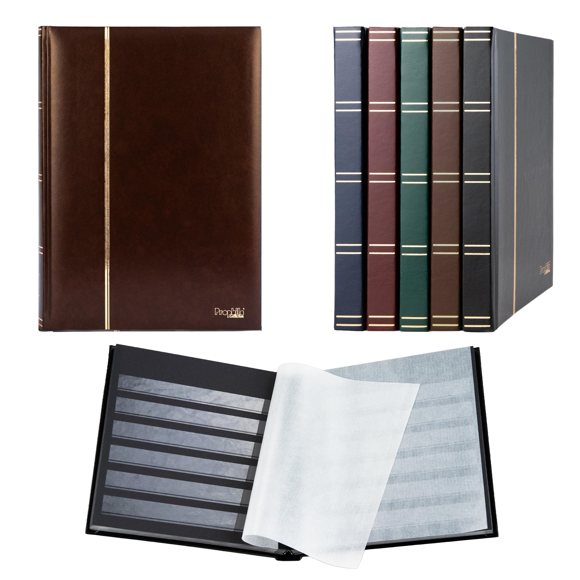Prophila stamp album (small), 32 black sides, padded brown cover