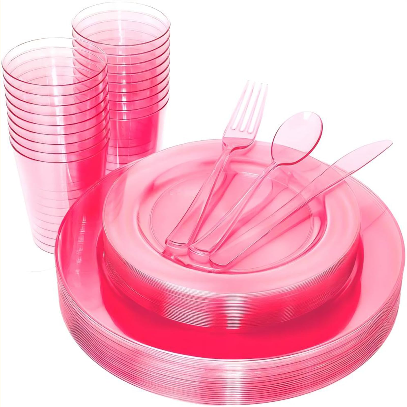 Photo 1 of WDF 25 Guest Pink Plates with Pink Plastic Silverware&Pink Cups-Neon Clear Disposable Dinnerware include 50 Plates,25Forks, 25 Knives, 25 Spoons,25 Plastic Cups for Party and Baby Shower