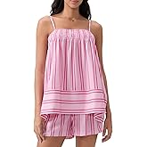 Wyeysyt Women 2 Piece Lounge Set Striped Pajama Set Ruffle Hem Cami Tops and Stripe Boxer Shorts Pj Set Sleepwear(Pink-L)