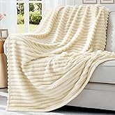 decorUhome Soft Fleece Beige Twin Blanket for Bed, Cozy Fluffy Plush Flannel Striped Throws for Couch Sofa, Lightweight Decorative Ribbed Fuzzy Blanket for Woman, 60x80 Inches