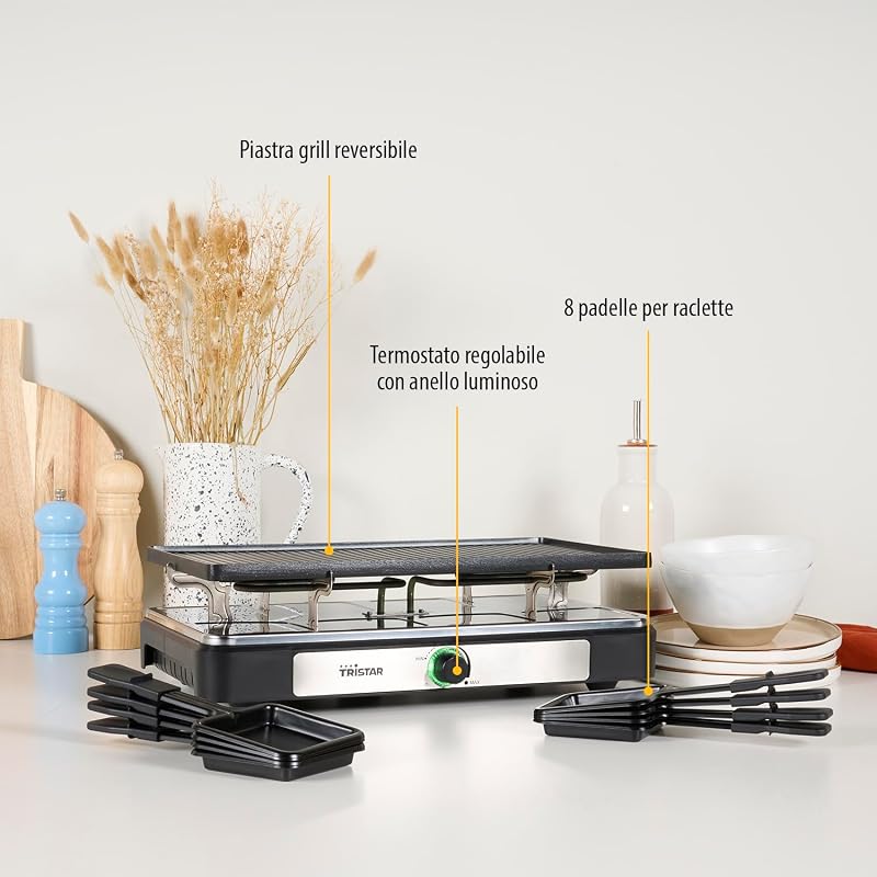 Macchina per raclette Tristar RA-2748-3 in 1 - Raclette/Cooker/Grill/Teppanyaki - Per 8 persone - 1400 W