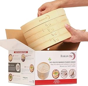 Rakan B&C Bamboo Steamer Basket 10 inch - Healthy Food Cooking Dumplings Vegetables Fish Steam Rice
