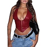BAIMORE Women's Sexy PU Leather Deep V Neck Hook Eye Backless Asymmetrical Crop Halter Top