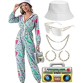 VillbeCoser Hoodies Jumpsuit 80s 90s Outfits for Women Tracksuit Costume One Piece Windbreaker Hip Hop Neon Party