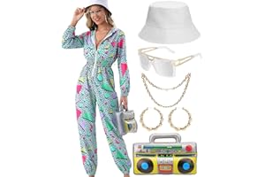 80s 90s Neon Costume Tracksuit Outfit Women Hoodies Jumpsuit Set One Piece Windbreaker Hip Hop Rapper Suit
