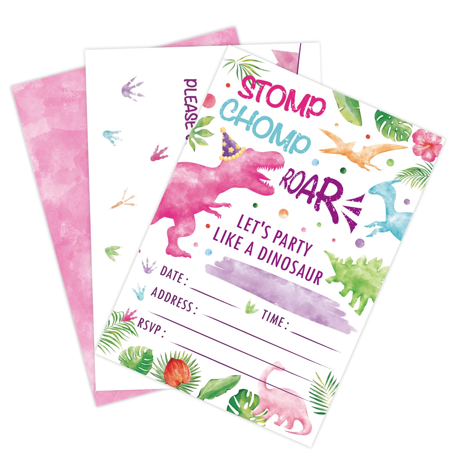 Watercolor Dinosaur Party Invitation with Envelopes - 20 Sets Fill-in Invitations Cards for Girls Dinosaur Birthday Party Supplies Baby Shower Invites Double-Sided Printed T-Rex Cards