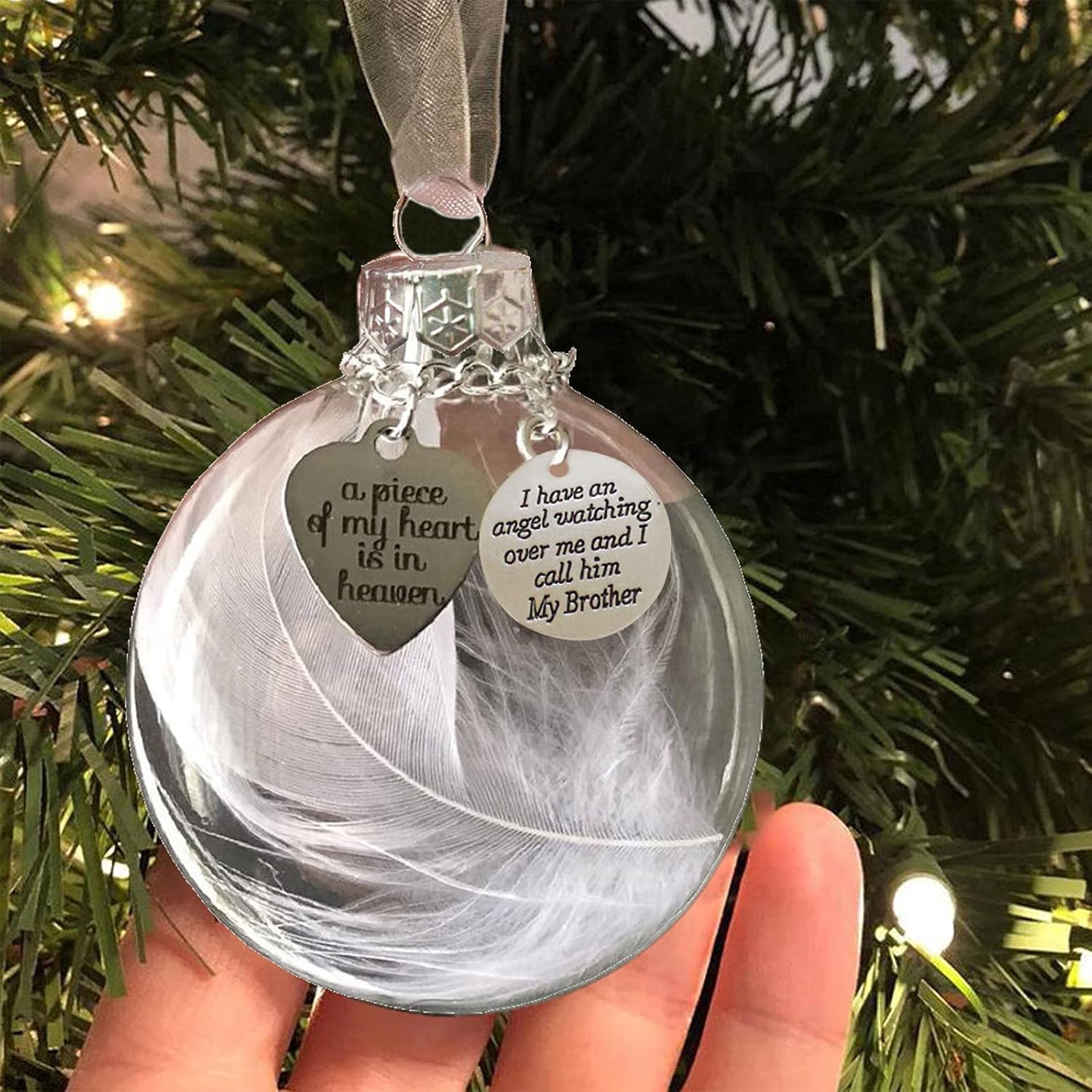 Ornaments - Clear Christmas Memorial Ornament Feather Ball, A Piece of My Heart is in Heaven, Christmas Tree Memorial Hanging Pendant Gift for Mom, Dad, Son, Daughter,Sister, Brother, Grandma, Grandpa 2.4''/60 mm