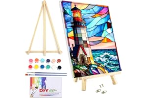 VIGEGU Paint by Numbers Kit for Adults Beginner with Framed Canvas - with Wooden Easel,Lighthouse Waves DIY Oil Painting, with Acrylic Paints Brushes Nice Gift Box 7.8x11.8in
