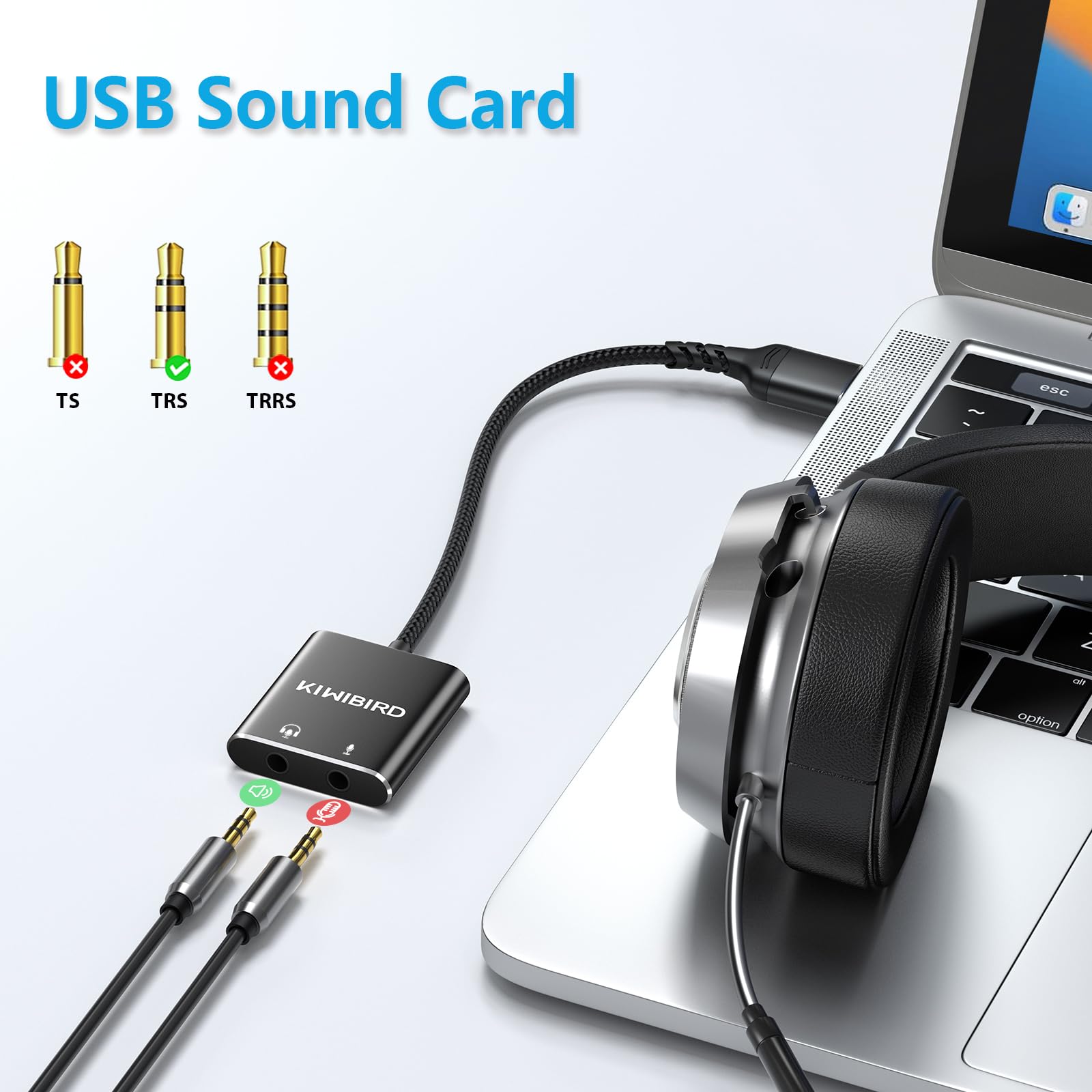 KiwiBird External USB Sound Card 3.5mm Jack Audio DAC Stereo Cards Adapter Line in Out Compatible with Headphone Headset Microphone Converter Gaming PC Laptop Mac PS5 PS4 Raspberry Pi Windows Linux