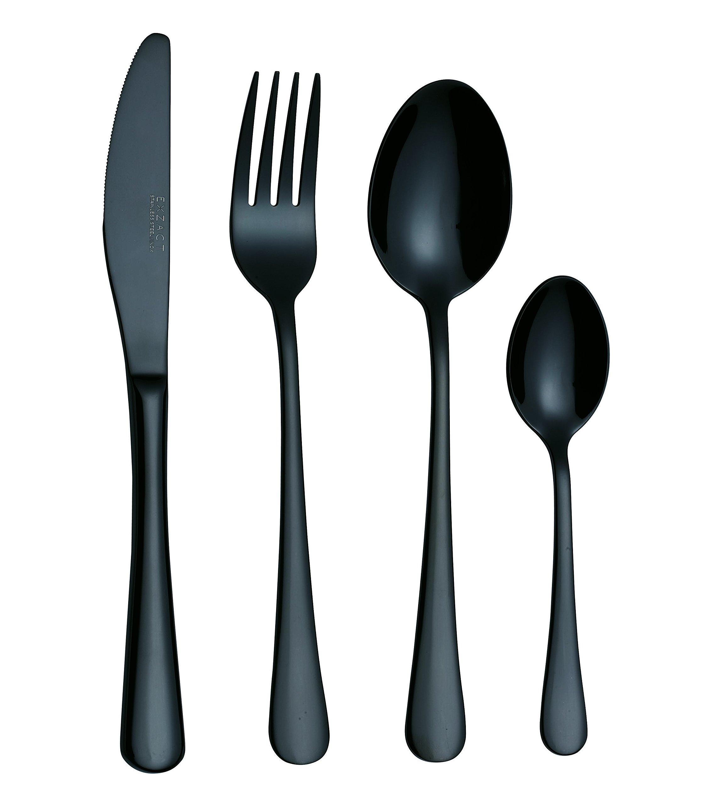 Exzact Cutlery Set 16pcs Stainless Steel 18/10 Dishwasher Safe - 4 x Forks, 4 x Knives, 4 x Dinner Spoons, 4 x Teaspoons - Serves for 4 (Black)
