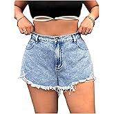 Floerns Women's Plus Size Bow Embroidery Jean Shorts Elastic Waist Raw Hem Mini Denim Shorts
