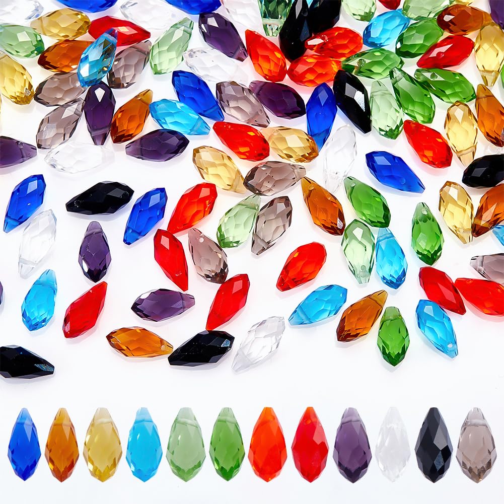 AHANDMAKER 100 Pcs Faceted Teardrop Glass Beads, 10 Colors Transparent Waterdrop Crystal Glass Drop Spacer Beads for DIY Craft Jewelry Making, Hole: 1mm
