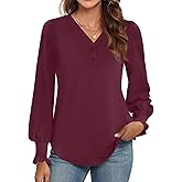 WEACZZY Womens Tops Long Sleeve Fall Shirts for Women Dressy Casual Button V Neck Tunic Blouse Ruffle Cuffs T-Shirts 2025