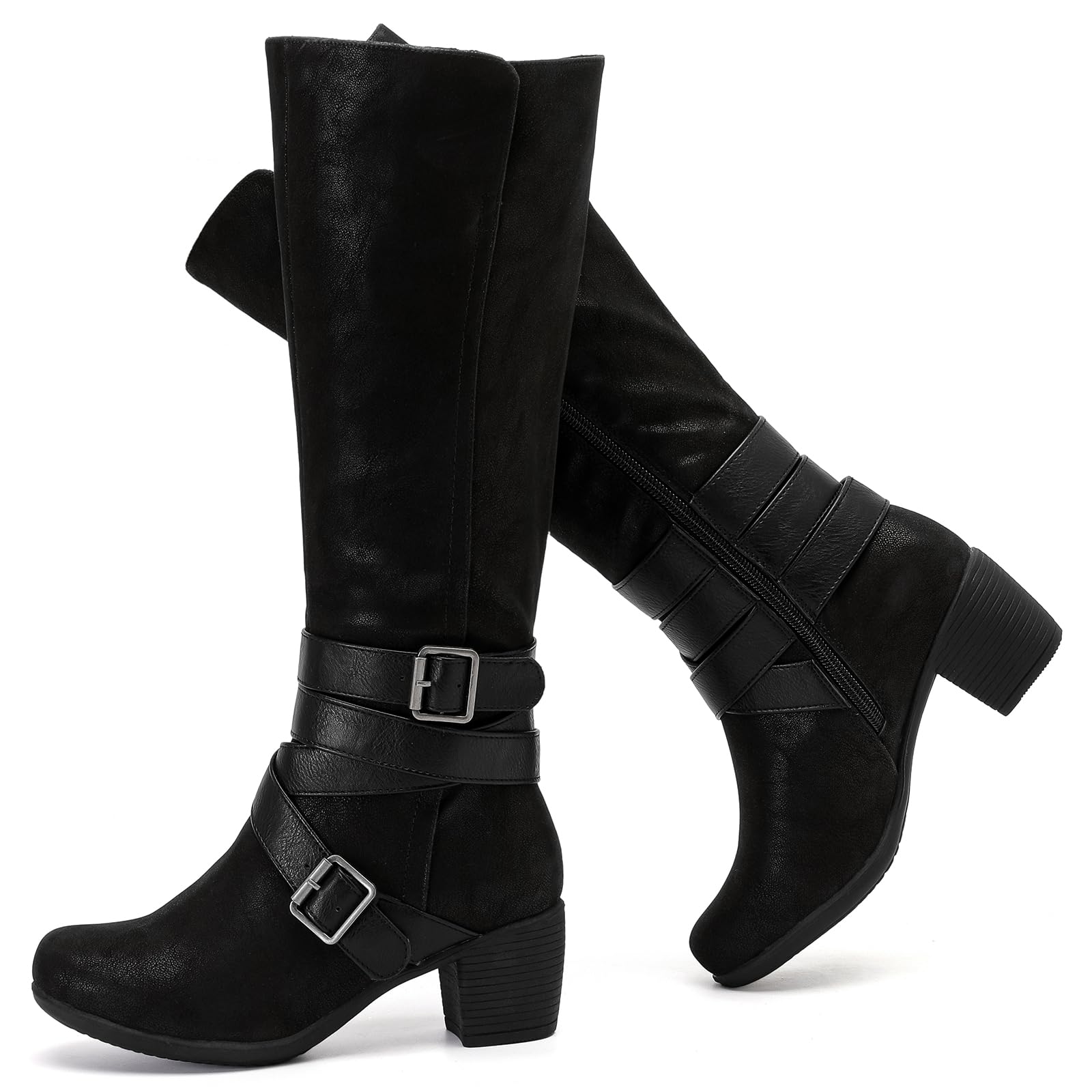 Photo 1 of Ruiee Women's Knee High Boots with Chunky Heel, Pointed Toe, Comfortable and Fashionable for Fall and Winter Wear for Women. 230304 Black ZPU Size8.5
