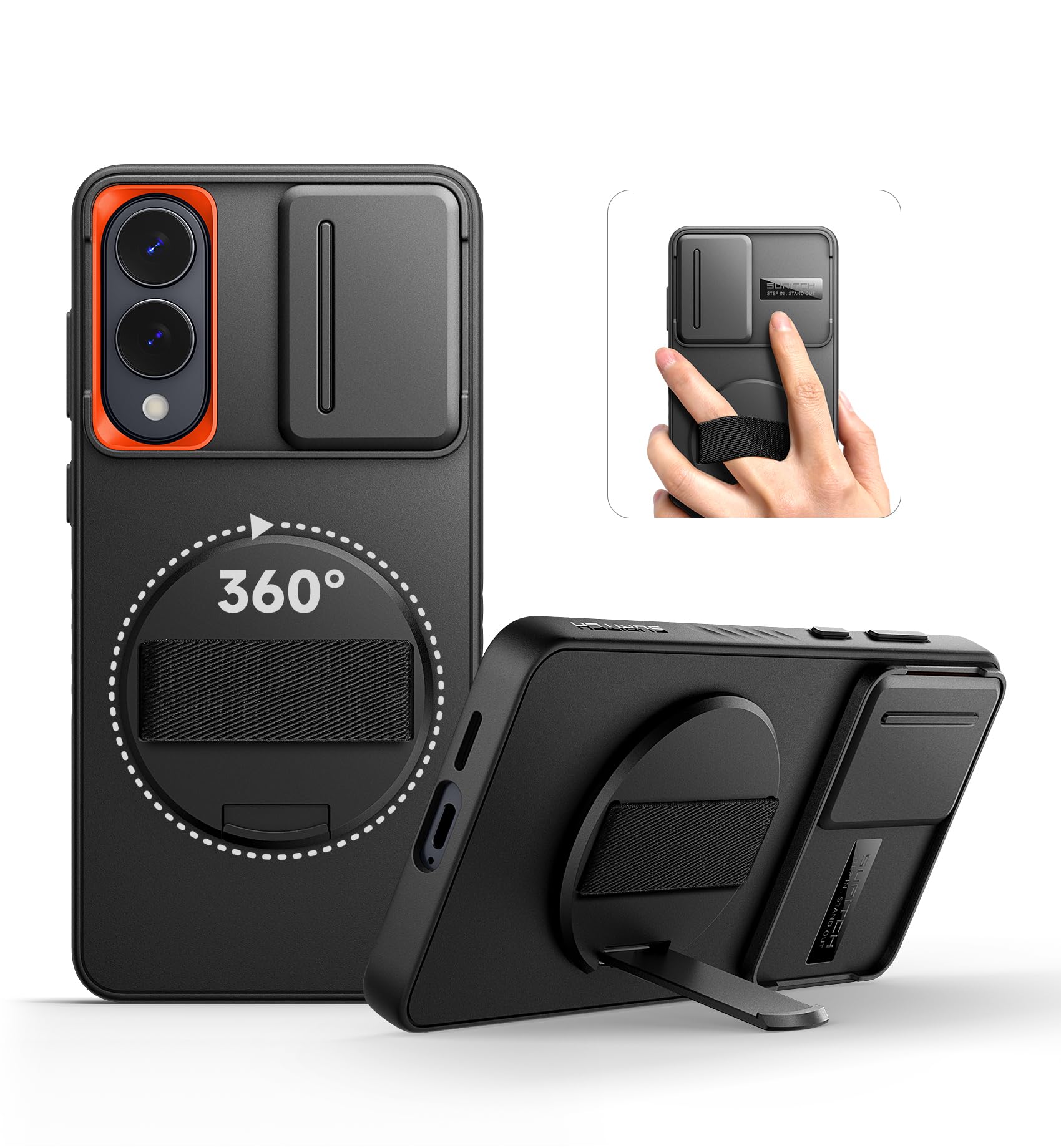 Photo 1 of SURITCH for Samsung Galaxy S25 Edge Case with 360° Rotatable Hand Strap Phone Grip & Invisible Kickstand & Slide Camera Cover, Rugged Shockproof Protective Cover for S25 Edge -Black