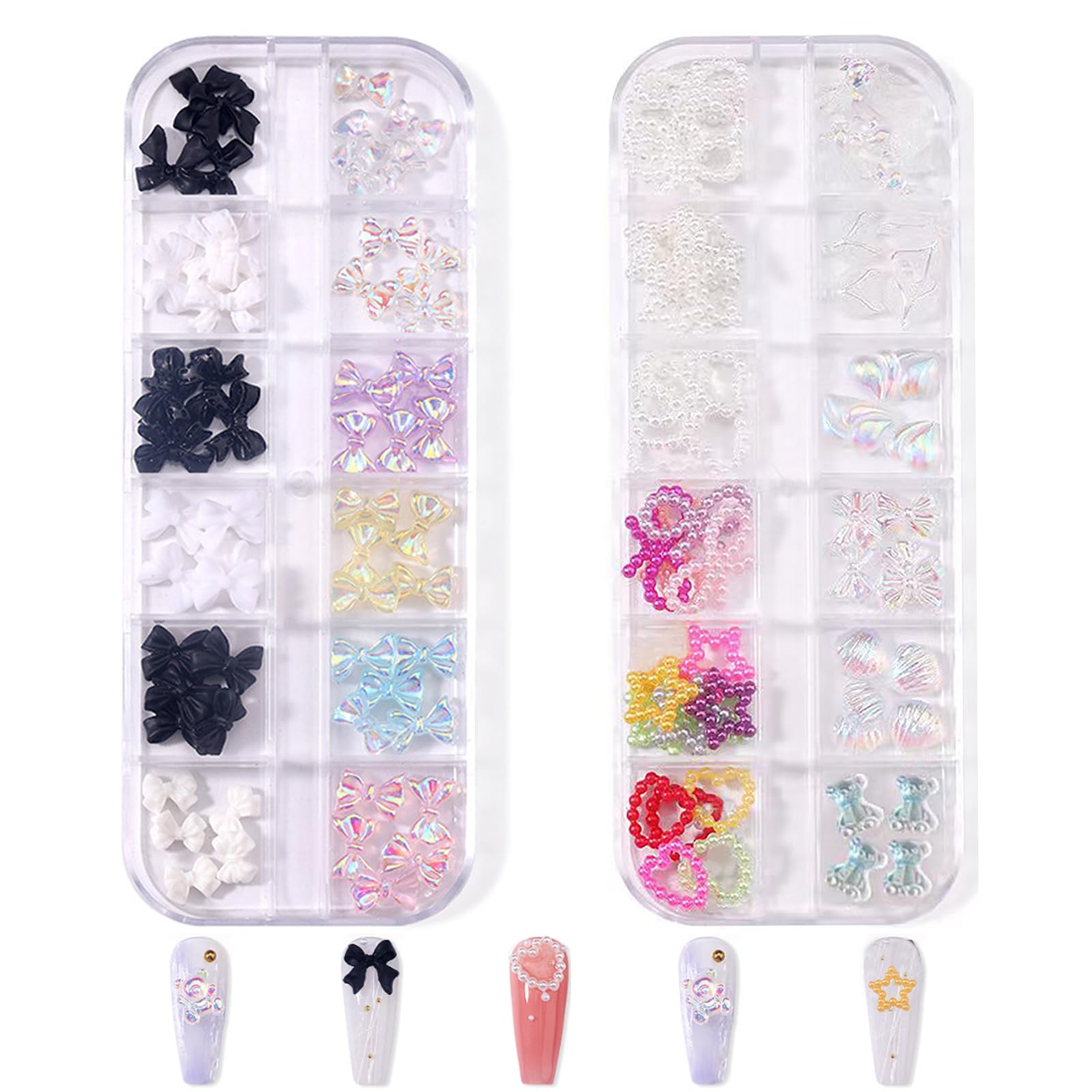 OTKARXUS 3D Aurora Bow Nail Art Charms,2Boxes 24Grids Resin Pearl Love Heart Star Nail Charms,Bowknot Shell Nail Art Decorations for Nail Art Design DIY Crafting Party Daily Wedding