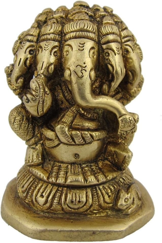5 Face Brass Lord Ganesha Statue (7 X 5 X 4.2 cm, Golden)