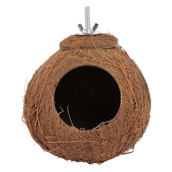 ULTECHNOVO Coconut Bird Nest Parrot Shell House Hut Cage with Stainless