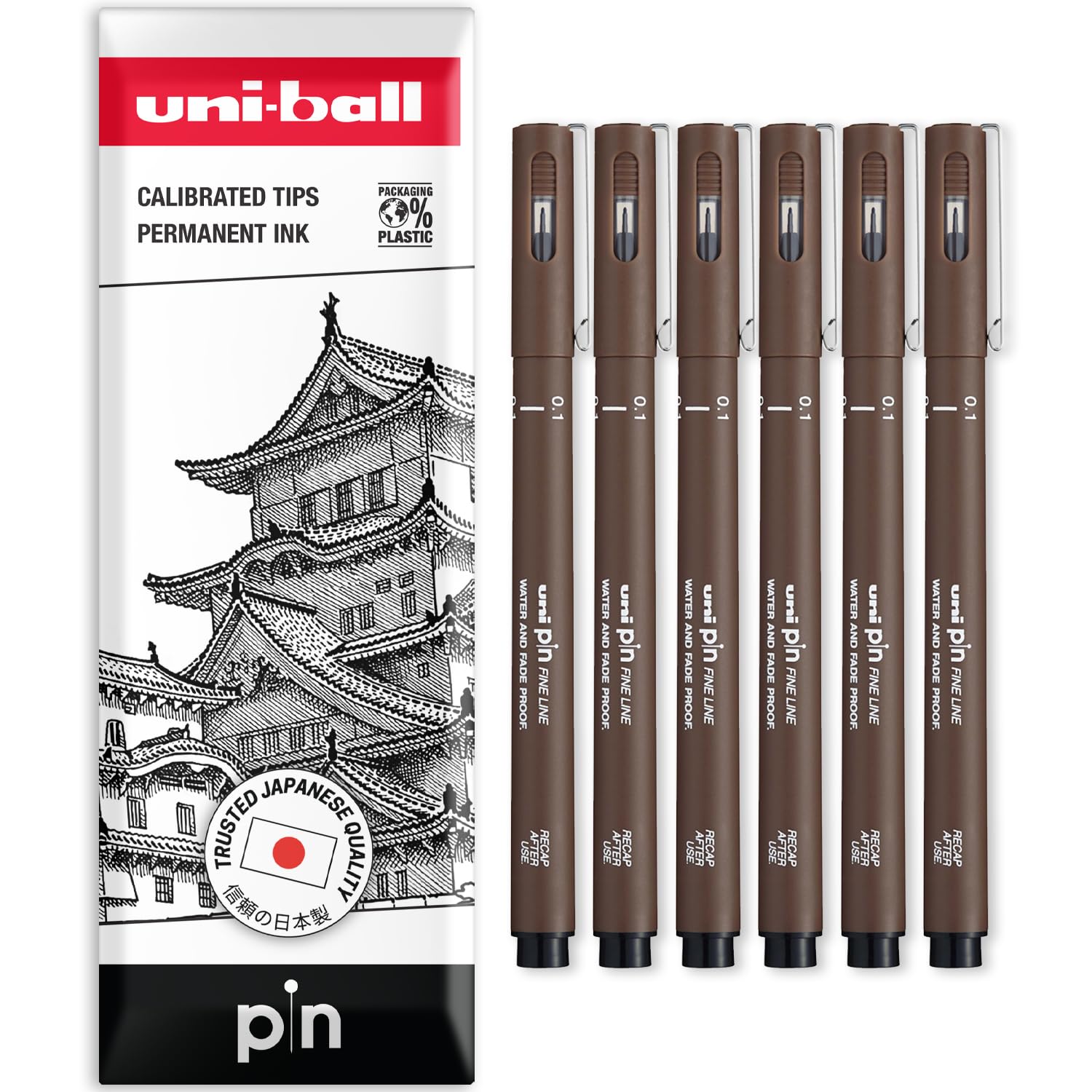 uni-ball PIN Fineliners | Fine Tipped Writing Pens | Water & Fade Resistant Ink | Ideal for Sketching, Scrapbooking, Outlining, Art, Technical Drawing | In Envelope Gift Pack (Sepia - 0.1mm, 6)