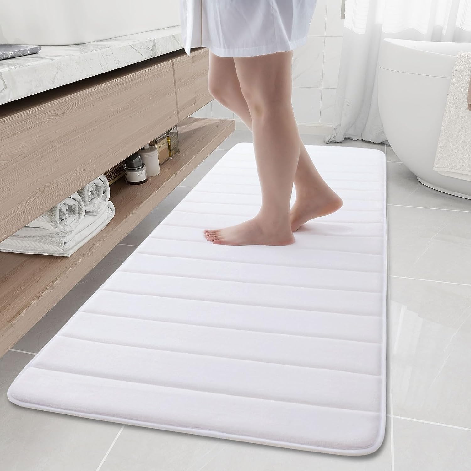 smiry Memory Foam Bath Mat, 60 x 180 cm, Extra Soft Large Bathroom Mat Runner, Super Absorbent Non-Slip Bath Mats for Bathroom Floor Long Machine-Washable Dry Bath Rug Foot Mat, White — image 1