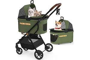 PAWZIDEA Cat Stroller 4 in 1, Dog Strollers with Detachable Carrier No-Zip Canopy, Portable Pet Crate for Car Seat Travel, Foldable & Lightweight Jogger for Small/Medium Dogs and Cats, Storage Basket
