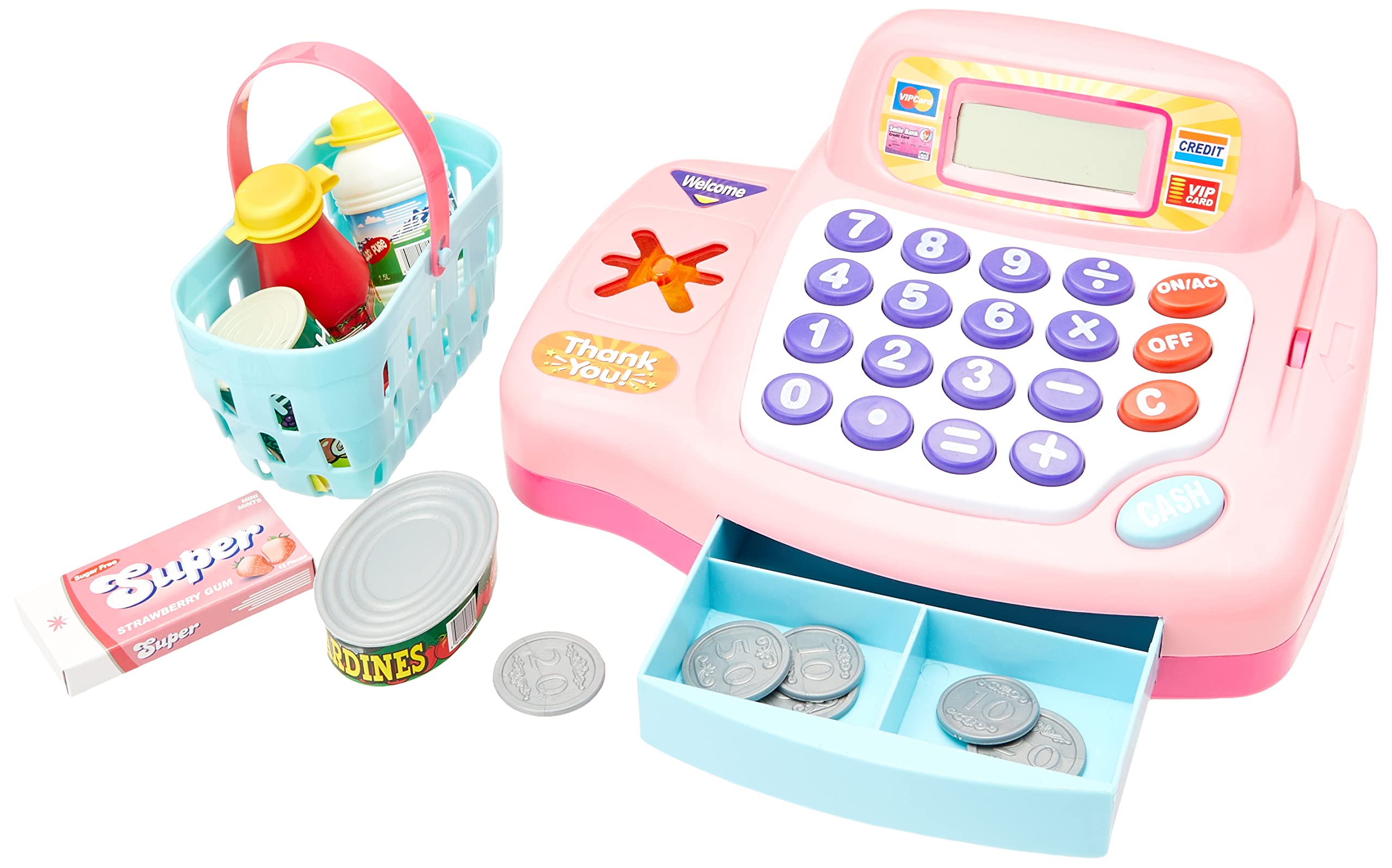 PETERKIN CLASSICS | Children's Electronic Cash Register | 24cm Pink Cash Register with working calculator, cash drawer and accessories | RolePlay Toys | Ages 3+