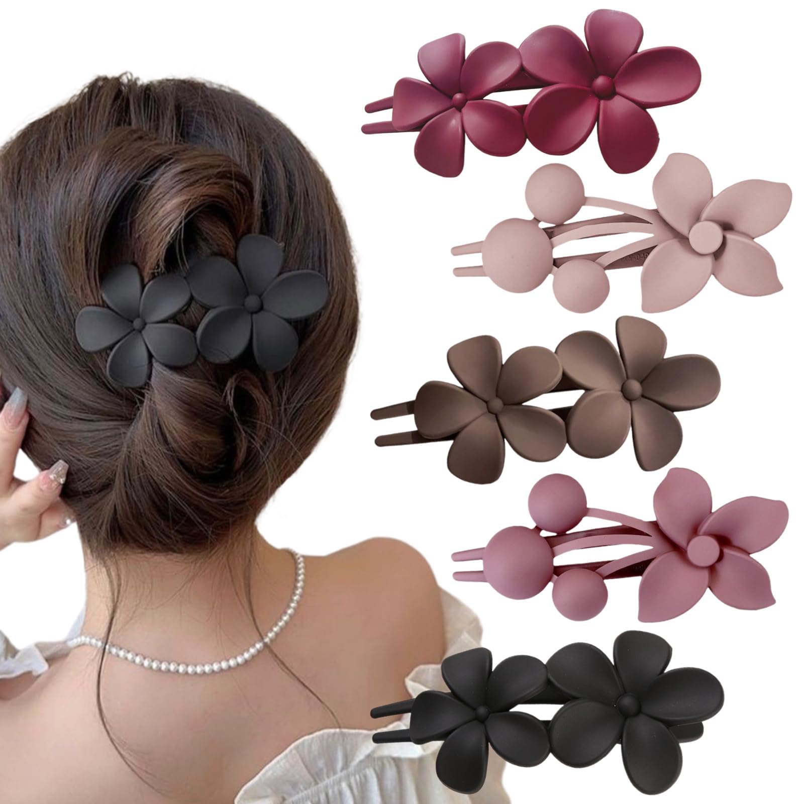 Ypkia Flower Hair Clips (Pack of 5) - Women's & Girls' Hair Accessories - Matte Duck Beak Shape - 10.5 cm x 5 cm x 3.5 cm - Black, Burgundy, Brown, Light Curry, Bean Pink