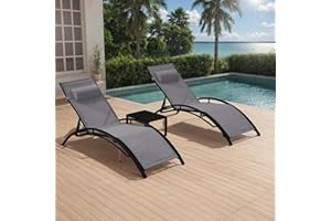 RICHRYCE Patio Chaise Lounge, Pool Chaise Lounge Chairs Set of 3 with Pillow, Side Table & 5-Position Adjustable Backrest, Sunbathing Recliner for Poolside, Deck & Backyard (Grey)