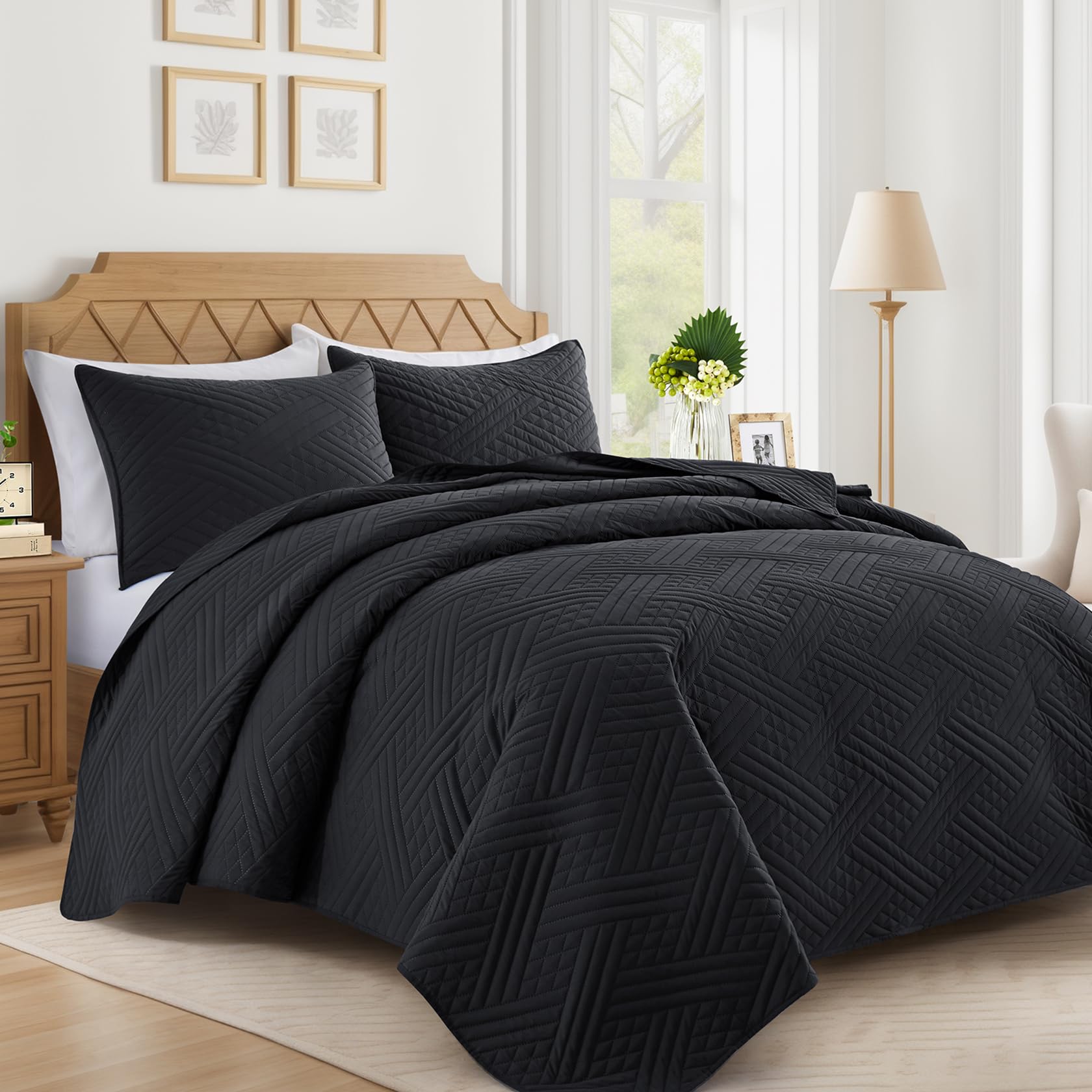 Photo 1 of Lavsiry Black Quilt King Size with Striped Pattern, Lightweight Soft Summer Thin Microfiber Bedspread & Coverlet Bedding Set for All Seasons - 3 Piece(1 Quilt, 2 Pillow Shams)