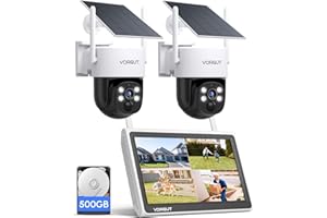 VORGUT Outdoor Solar Security Camera System Wireless with 10" 10CH Monitor NVR, 2PCS 4MP PTZ Battery Powered Surveillance Camera for Home Security,Human Detection,2-Way Talk,Built-in 500G HDD