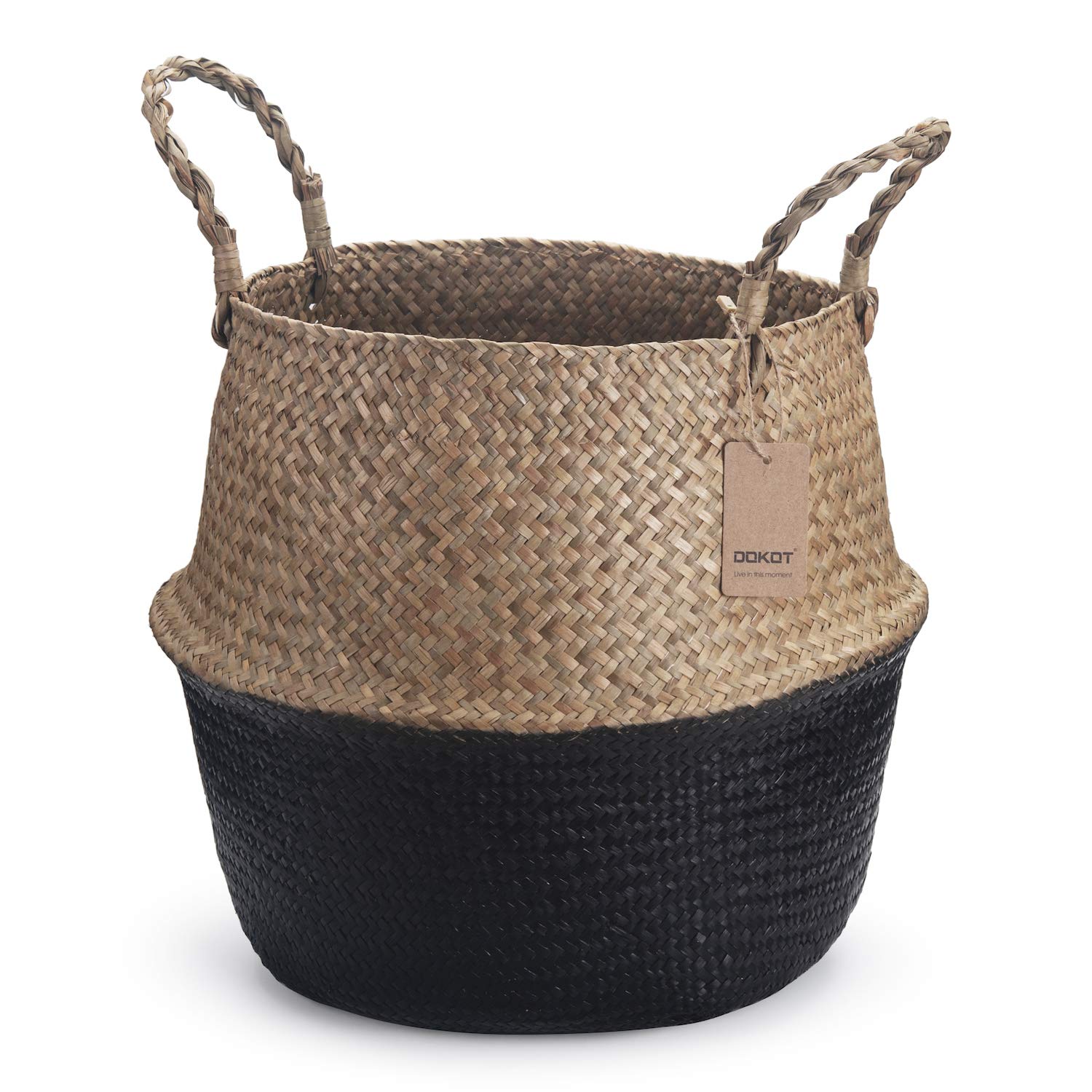 Seagrass Belly Basket Natural Woven Plant Pot Foldable with Handles for Storage Laundry Blankets Toys (Natural + Black)