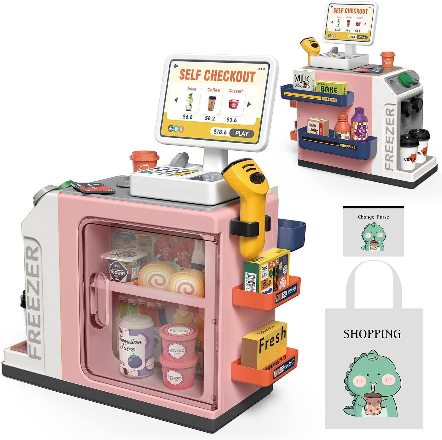 Cash Register Playset for Kids - 48PCS with Toy Coffee Machine,Pretend Play Money, Calculator, Scanner, Credit Card and Play Food for Boys and Girls！