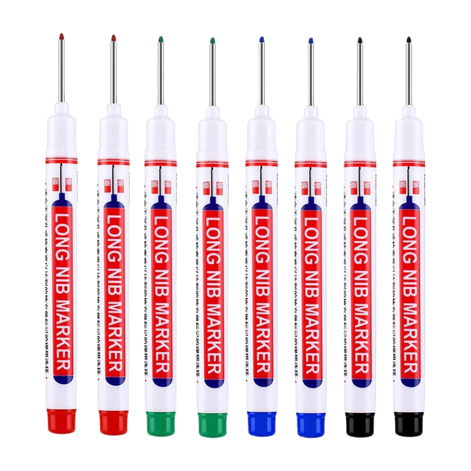 8 PCS Long Nib Marker Pen Waterproof Construction Marker Pens,Multi-Purpose Deep Hole Pens Drill Hole,Colorful Marking Carpenter for Woodworking And Carpenters Builders Hardware(Black/Blue/Red/Green)